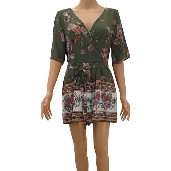 Francesca’s Blue Rain Green Boho Floral Romper Sz M Surplice Tie Waist Festival - Picture 1 of 12